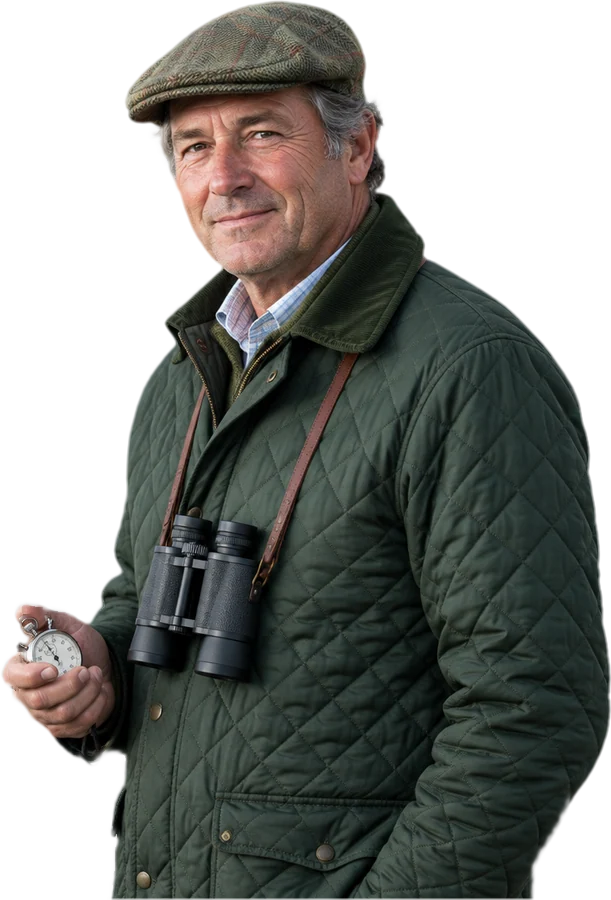 The stable's trainer, tweed cap, binoculars around his neck, stopwatch in hand.
