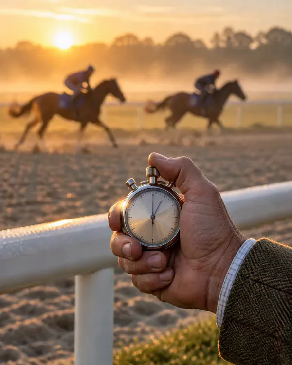 A hand holds a stopwatch against the rail as two horses gallop past.