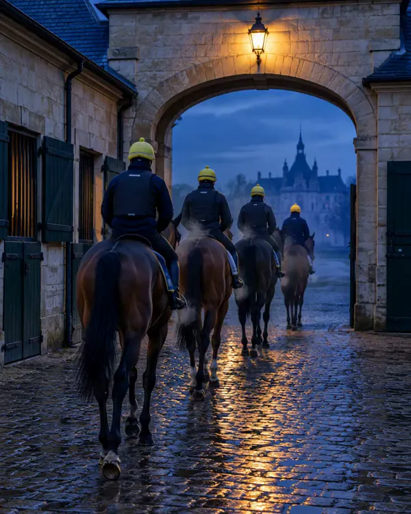 The string leaves the cobbled yard through the archway, by lantern light.