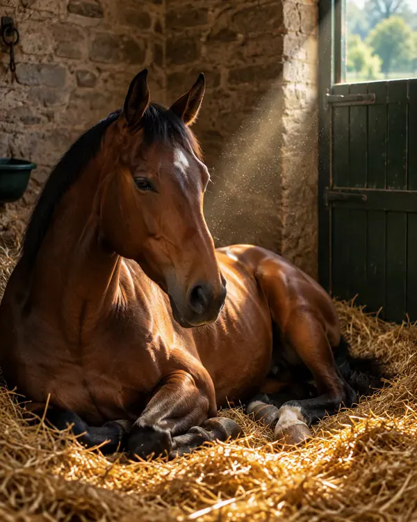 A horse lying in the straw of its box, in a shaft of sunlight.