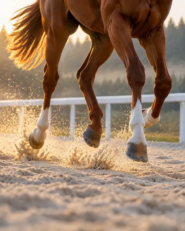 Close-up on the legs of a galloping horse, sand flying against the light.