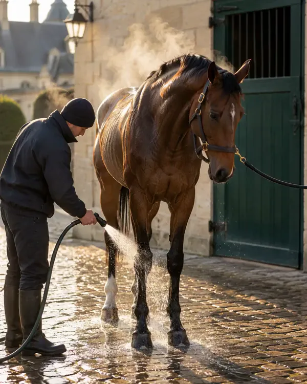 A lad hoses down a horse's legs in the yard, steam rising from its back.