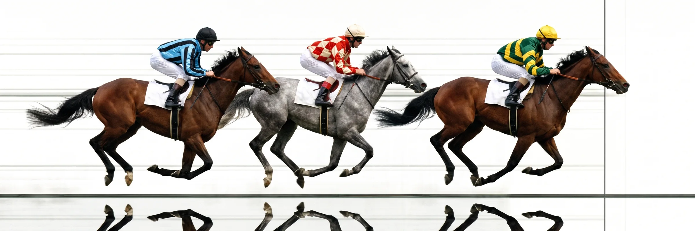 Photo finish: the winner, in green silks with yellow chevrons, has his nose on the line ahead of two rivals.